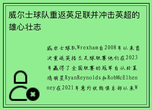 威尔士球队重返英足联并冲击英超的雄心壮志