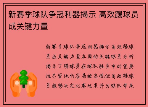 新赛季球队争冠利器揭示 高效踢球员成关键力量